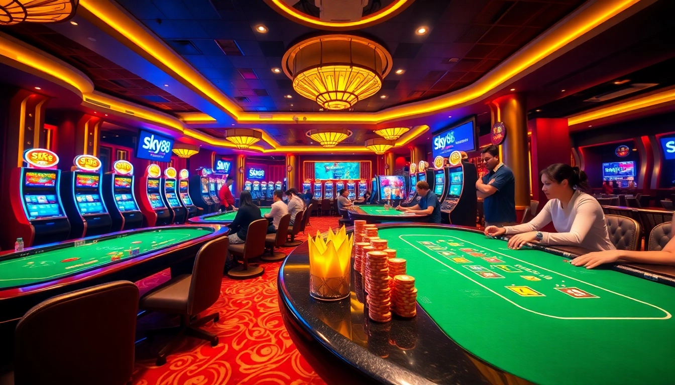 Sky88 casino scene featuring vibrant gaming tables and excited players enjoying their games.