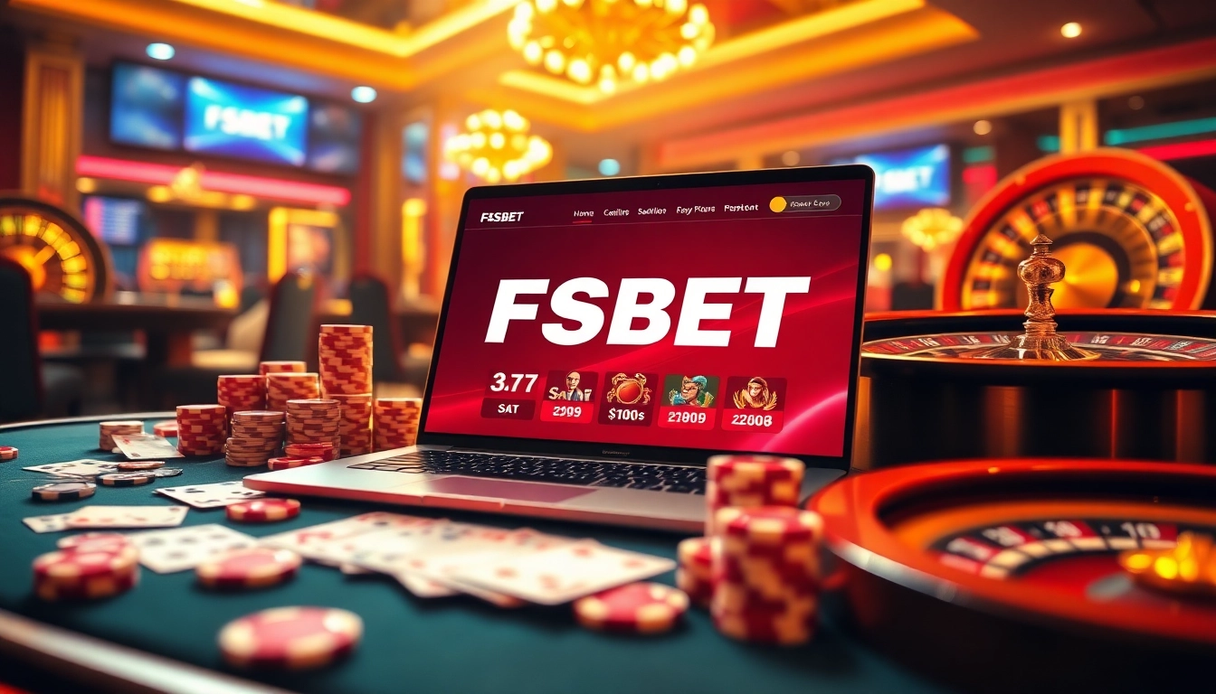 Engaging players in a casino atmosphere with FSBET's exciting gaming interface surrounded by poker chips and cards.