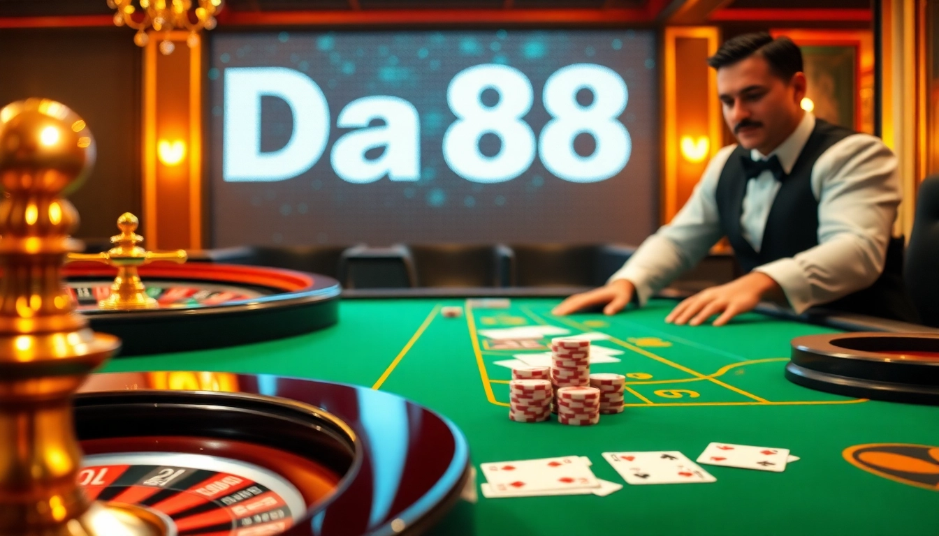 Gamblers experience excitement in a luxurious casino showcasing Da88 strategies with poker chips, cards, and a roulette wheel.