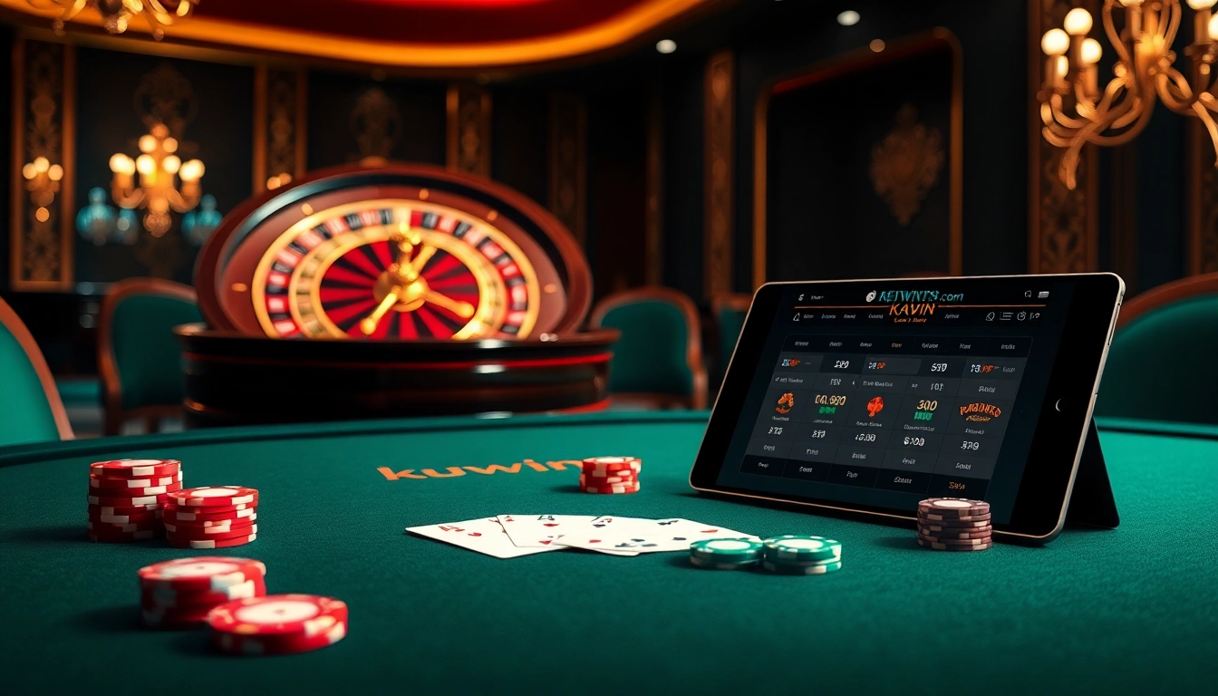 Kuwin. com poker table scene with vibrant cards, chips, and roulette wheel, showcasing luxury.
