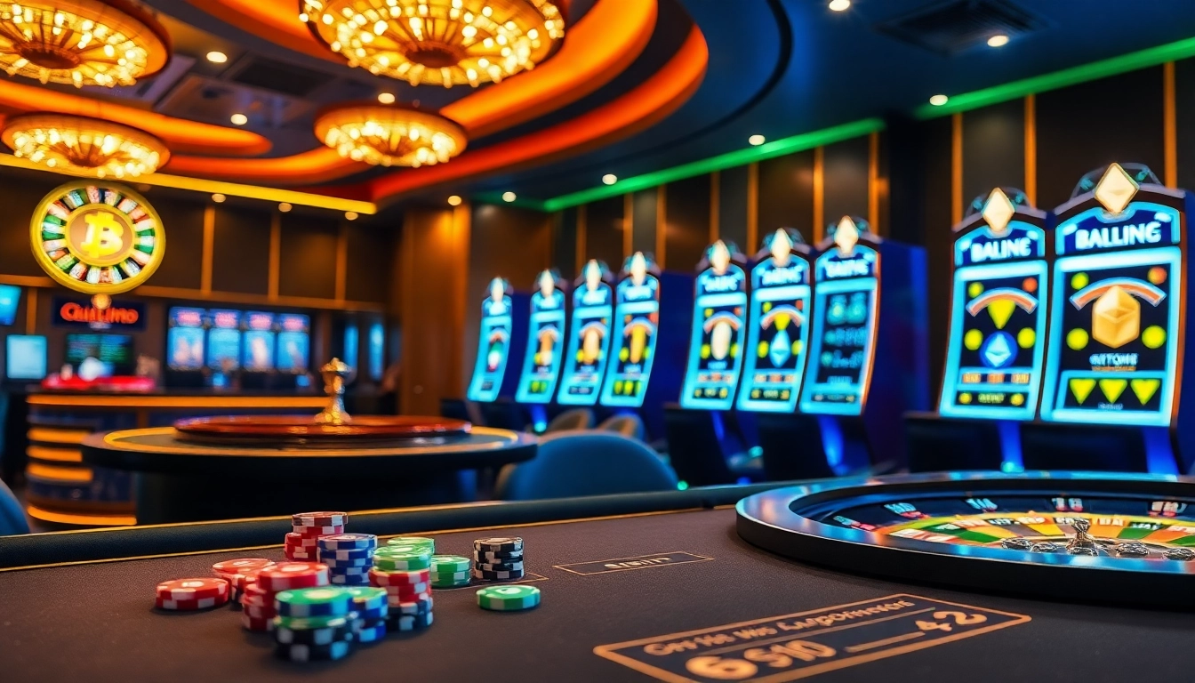 Experience the excitement of crypto casinos with vibrant gaming tables and colorful slot machines.