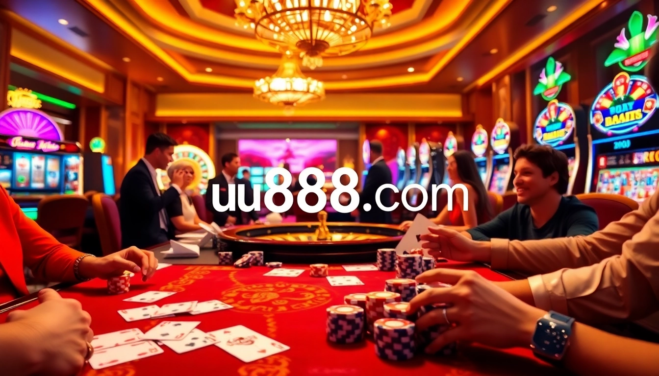 Engage in the thrilling atmosphere of u888 com with a vibrant casino scene showcasing cards and roulette.