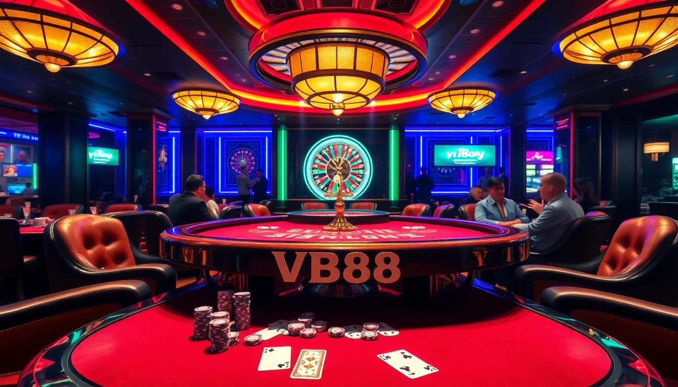 VB88 gaming table filled with poker chips and cards in a luxurious casino setting.