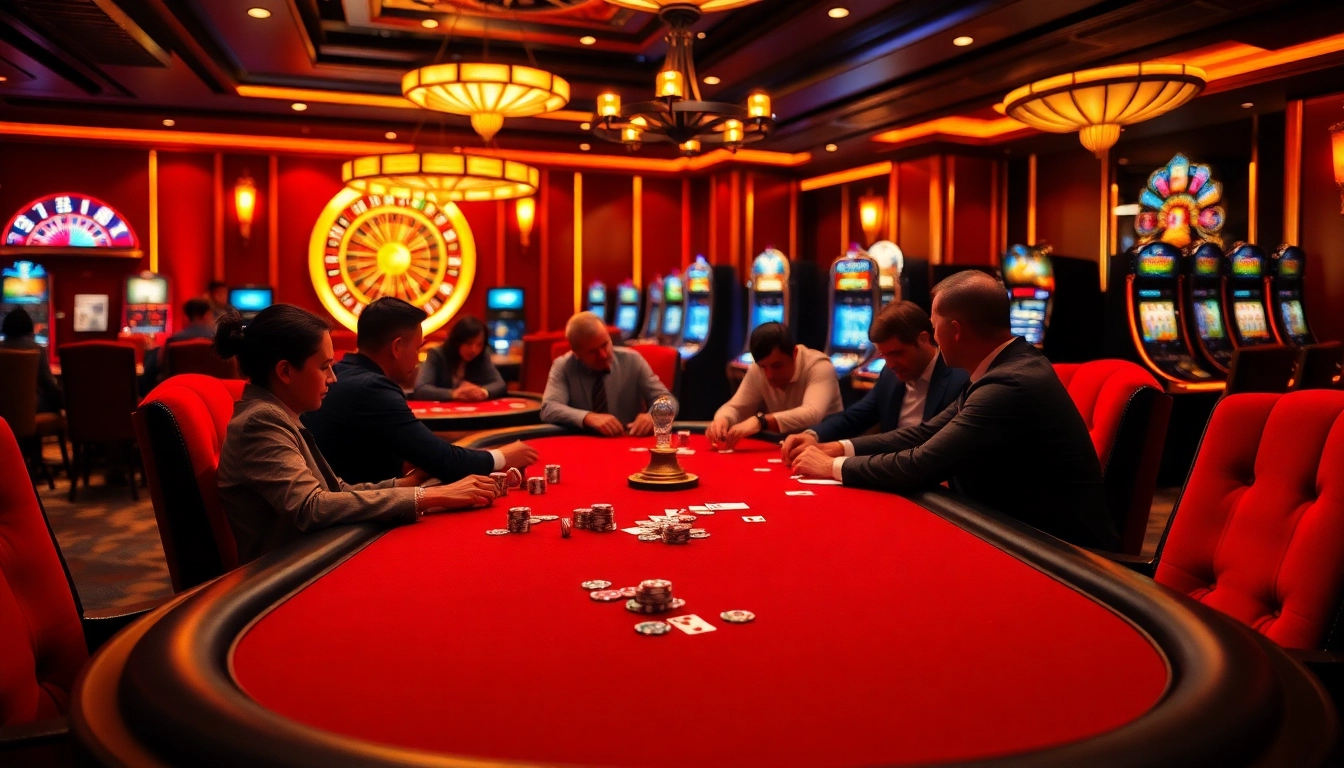 Dabet gaming table showcasing intense poker action with chips and cards.