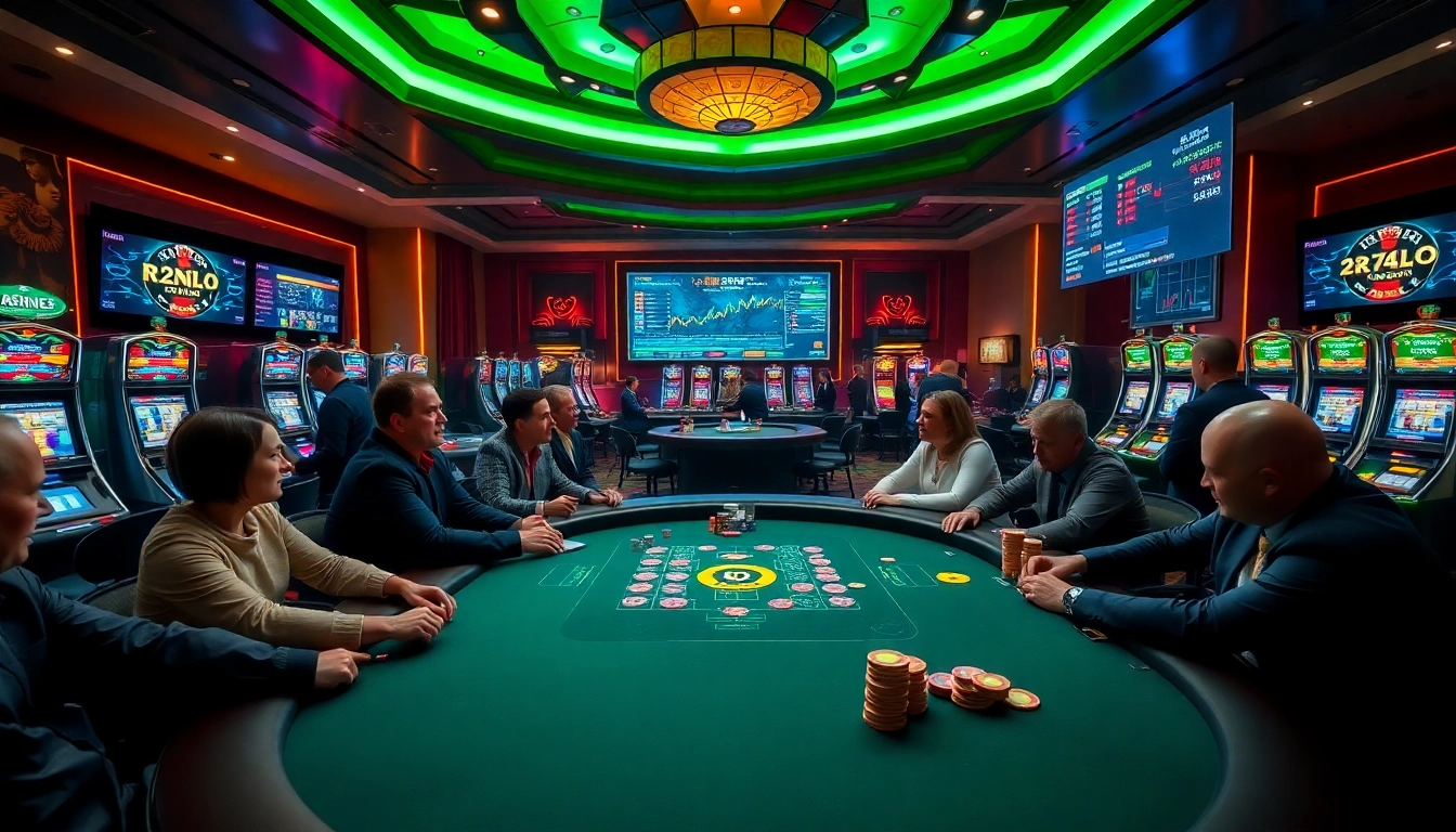 Excited players at crypto casinos enjoy vibrant gaming tables filled with chips and screens.
