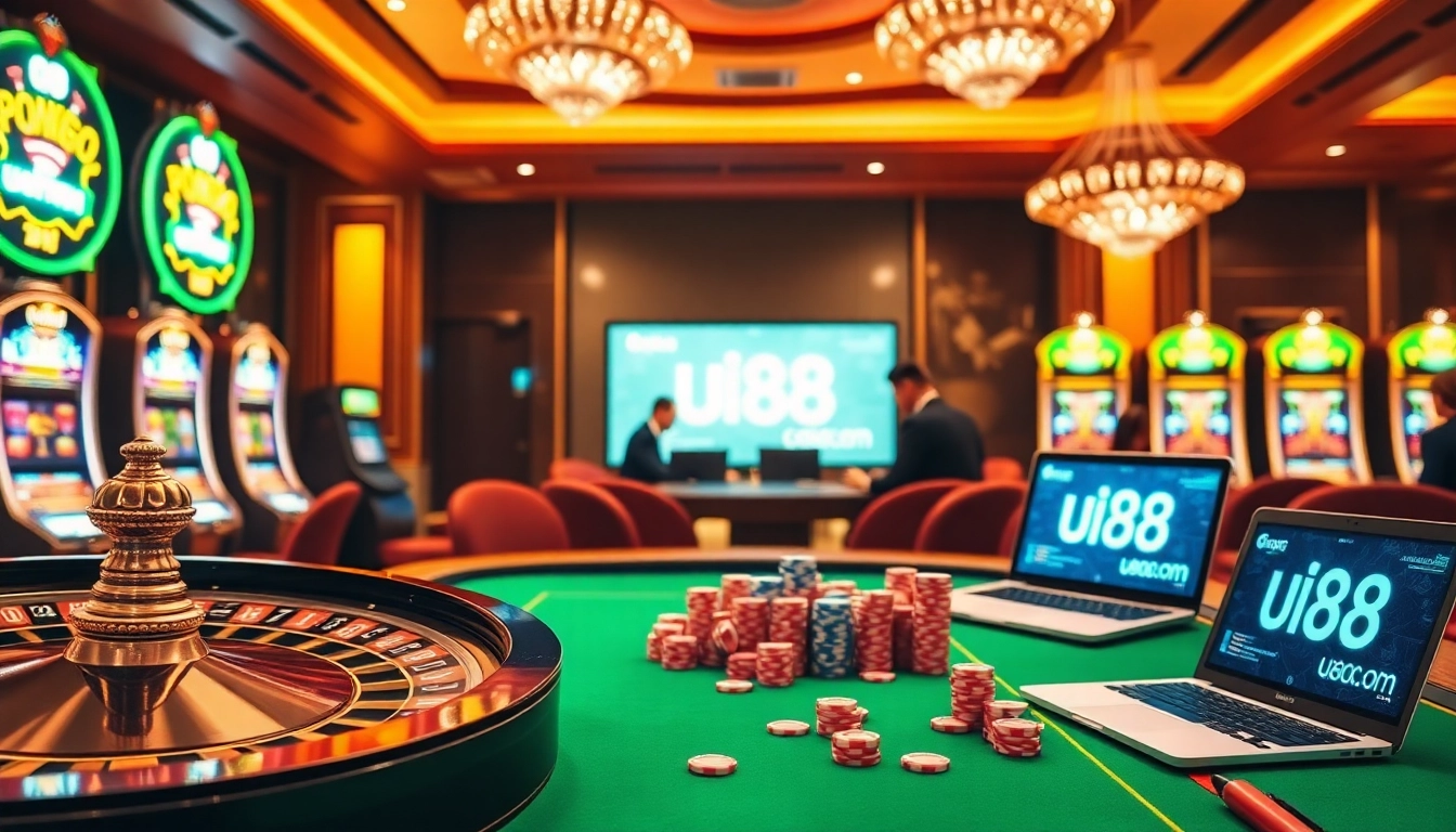 Experience an exciting casino atmosphere with uu88 com, featuring roulette, poker chips, and vibrant slot machines.