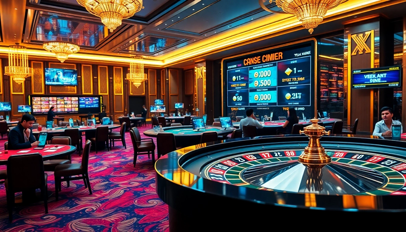 Des joueurs profitant de jeux dans un casino crypto vibrant, avec des interfaces numériques et des jetons de poker colorés.