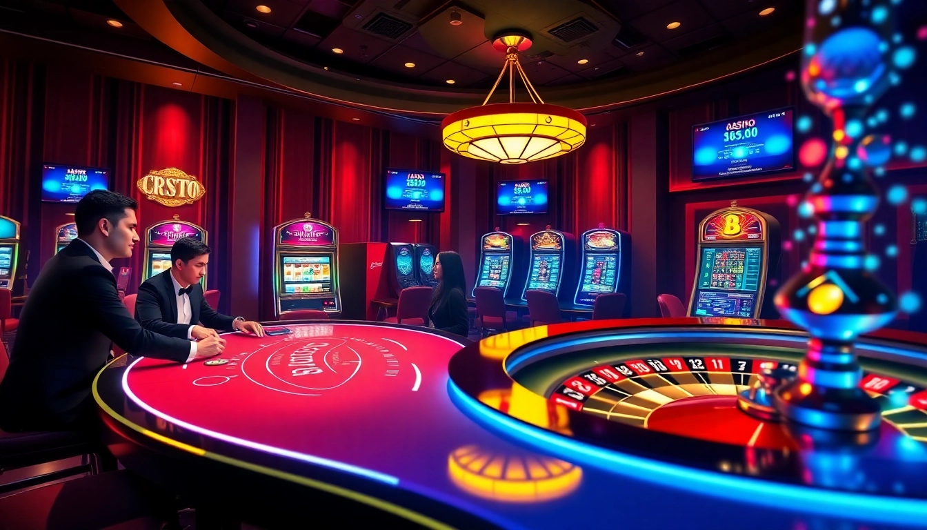 Experience excitement at a crypto casino with players enjoying high-stakes poker and vibrant slot machines.