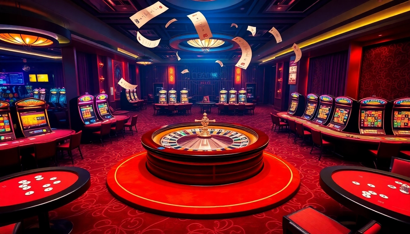 Experience the thrill of new 88 casino games at a luxurious gaming scene filled with vibrant roulette wheels and poker tables.