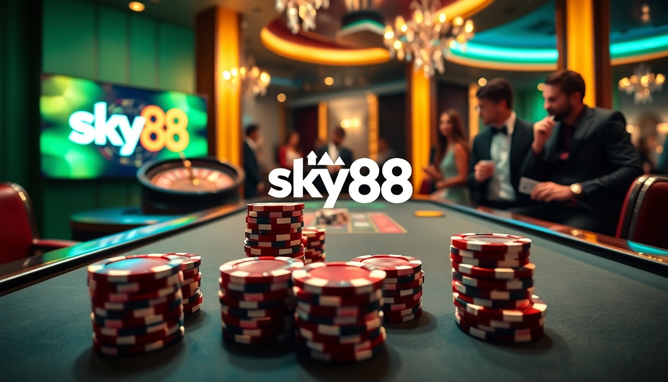 Experience the excitement of Sky88 with players strategizing at a luxurious casino table surrounded by vibrant colors.