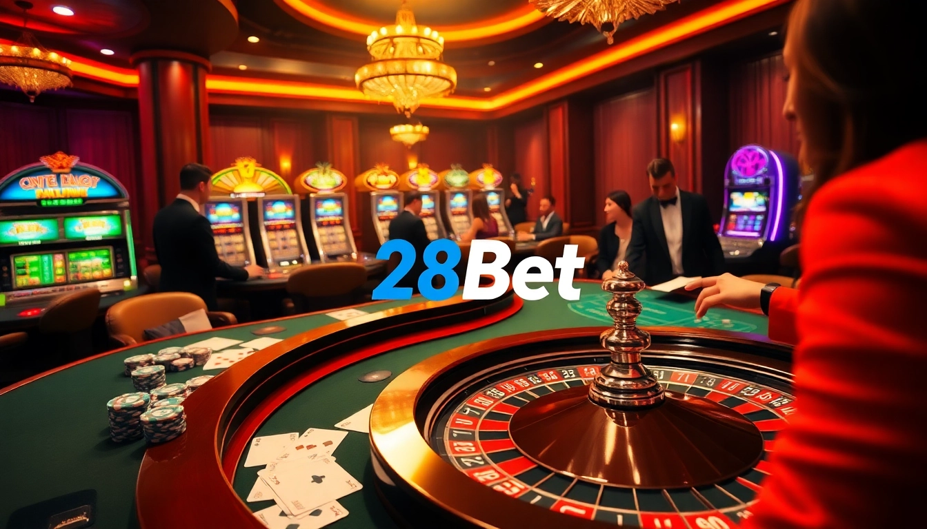 Exciting casino scene with players betting at a roulette table and engaging with 28Bet gaming.