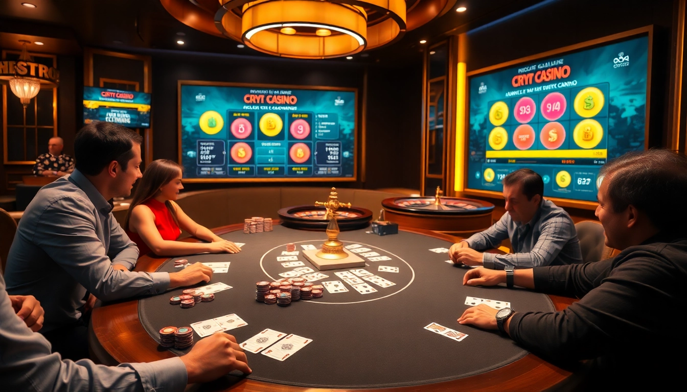 Casino crypto excitant avec des joueurs autour d'une table de poker entourée de jetons colorés et d'écrans numériques.