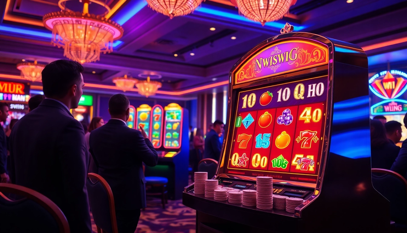 Engaged players excite with nổ hũ slot machine action in a vibrant casino setting.