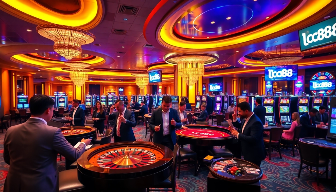 Experience the thrill of lc88 gambling with players strategizing at vibrant casino tables.