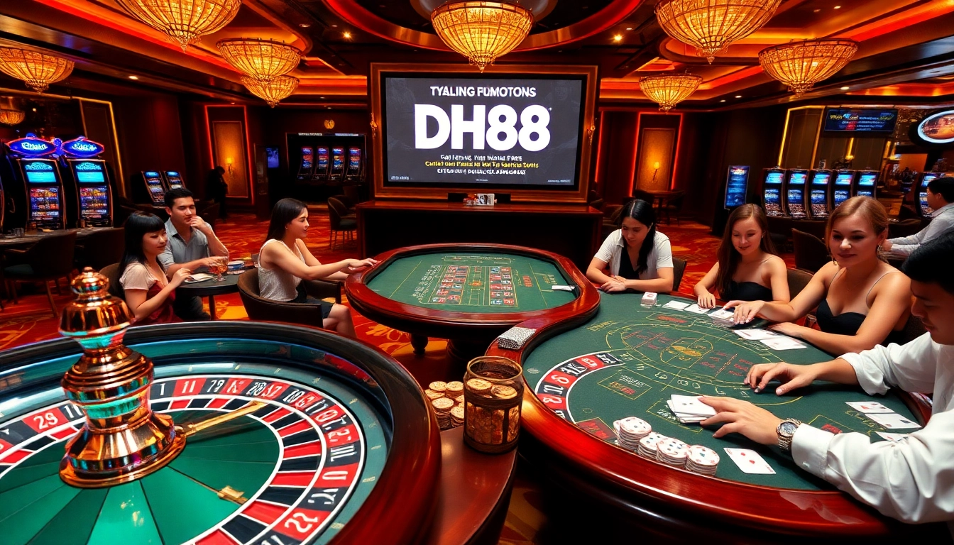 High-stakes action at DH88 casino tables with players enjoying roulette and poker.