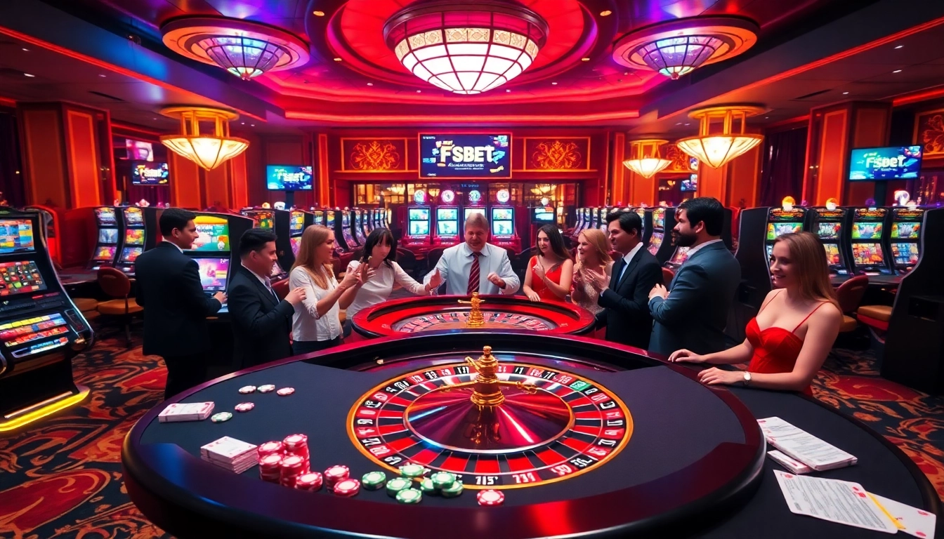 Experience the thrill of betting at Fsbet with a vibrant casino scene featuring roulette and slot machines.
