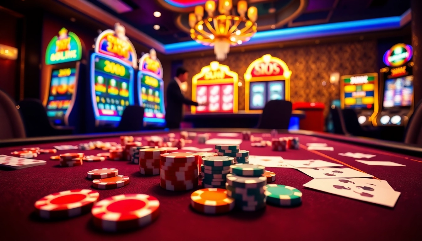 Experience the excitement of online gambling with GO88's vibrant casino scene featuring poker chips, cards, and slot machines.