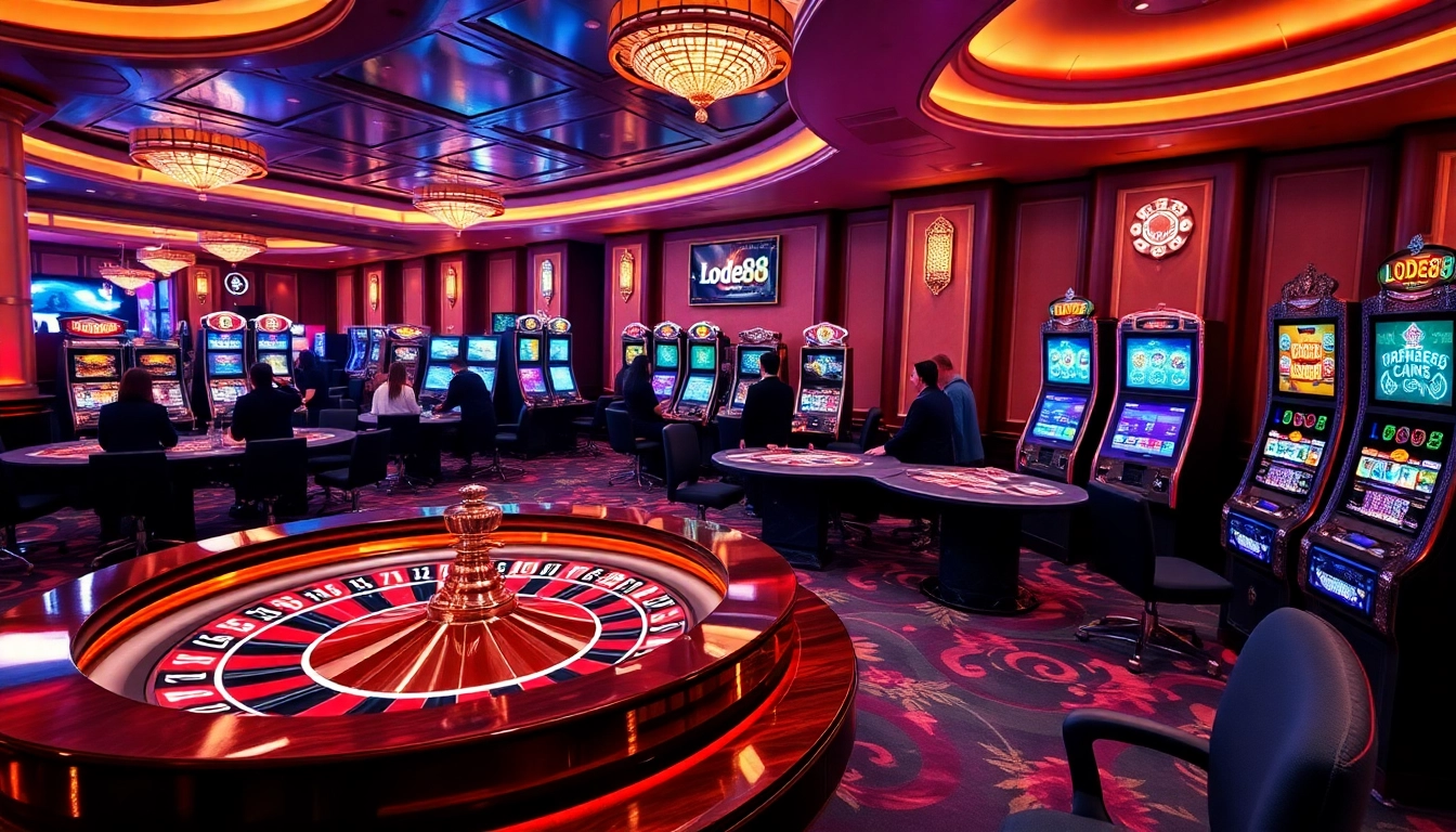 Lode88 online gambling interface showcasing vibrant casino elements with poker, roulette, and slots.