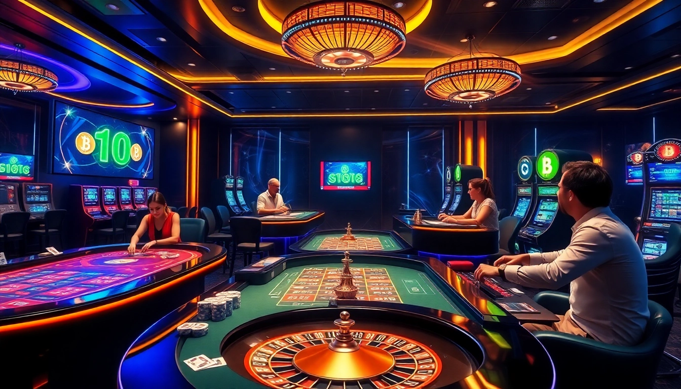 Players enjoying dynamic poker games in a vibrant crypto casino with digital interfaces.
