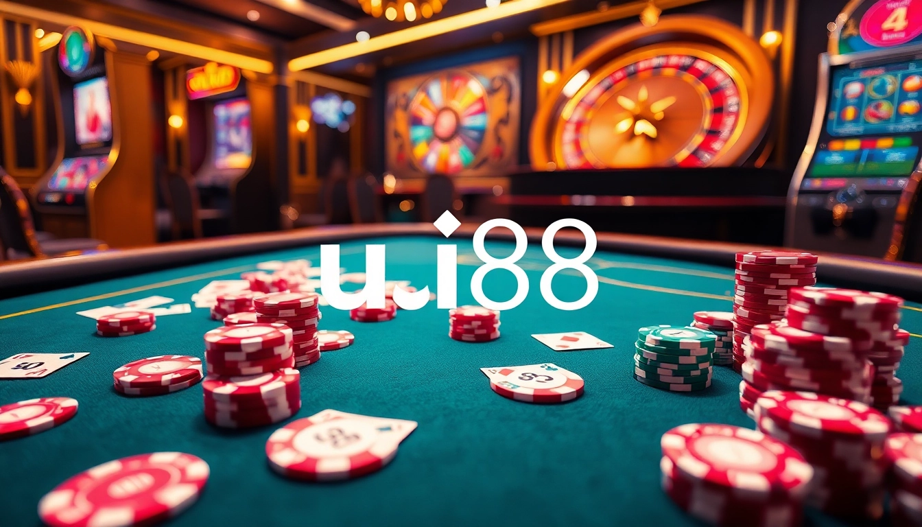 Experience thrilling gameplay at uu88 with vibrant casino tables, poker chips, and slot machines.
