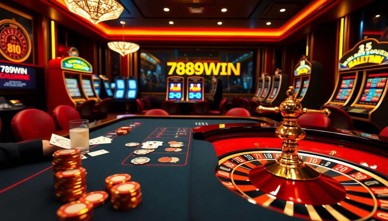 Experience the thrill of 789WIN with vibrant poker tables and slot machines in a luxurious casino.