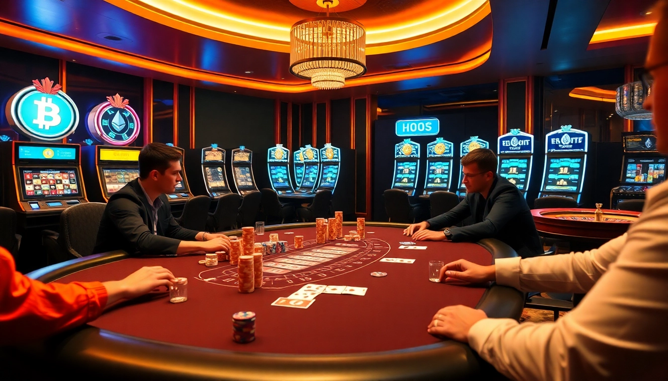 Engaged players at a lively table in crypto casinos, showcasing cards, chips, and excitement.
