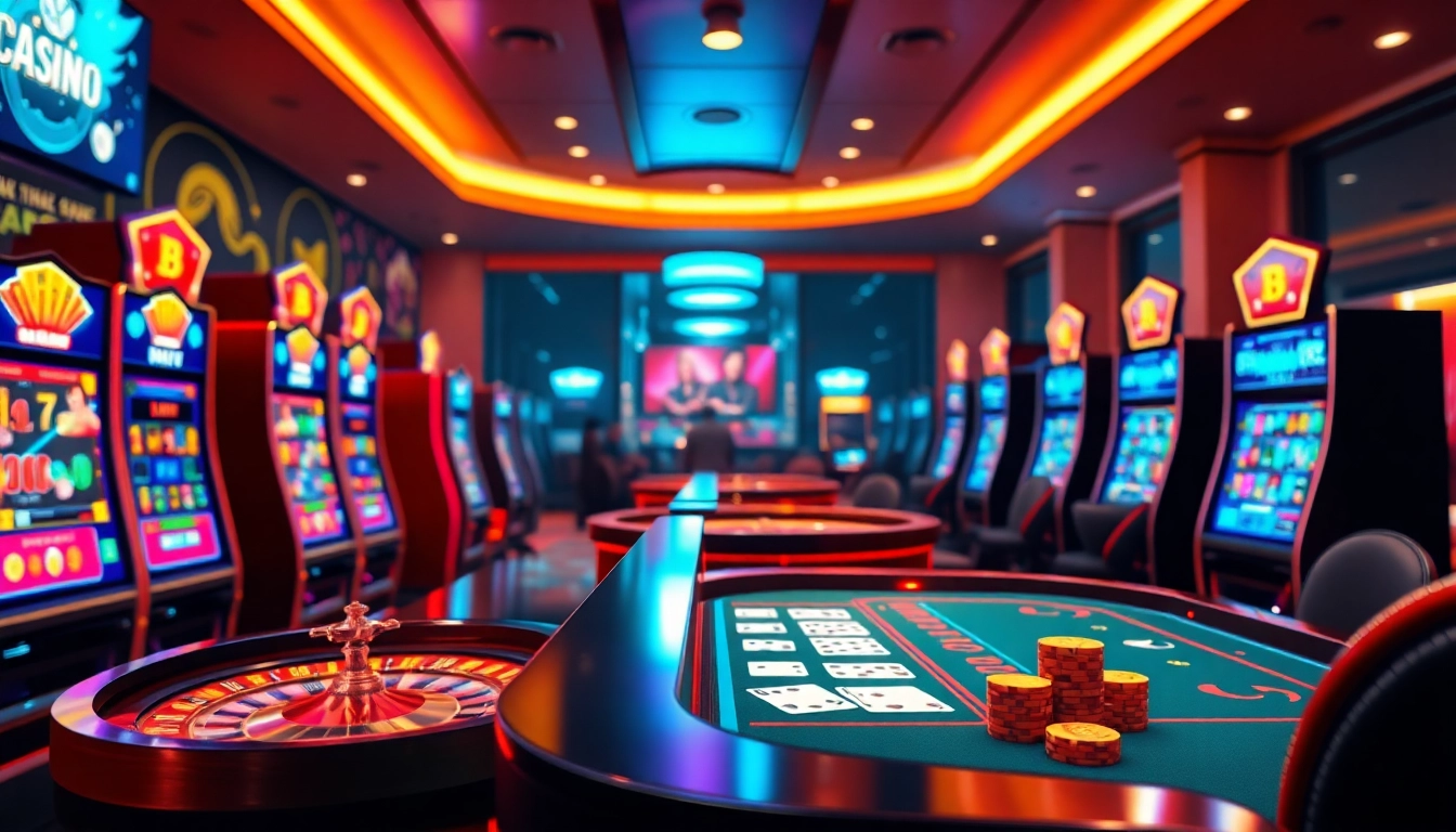 Thrilling gameplay at crypto casinos featuring vibrant slot machines and roulette wheels.