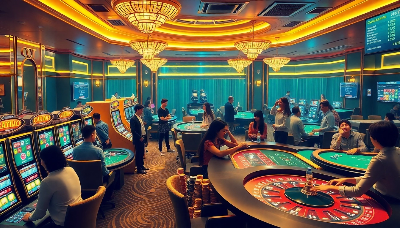 A lively scene showcasing players enjoying a diverse range of games at a vibrant crypto casino with digital currency symbols.