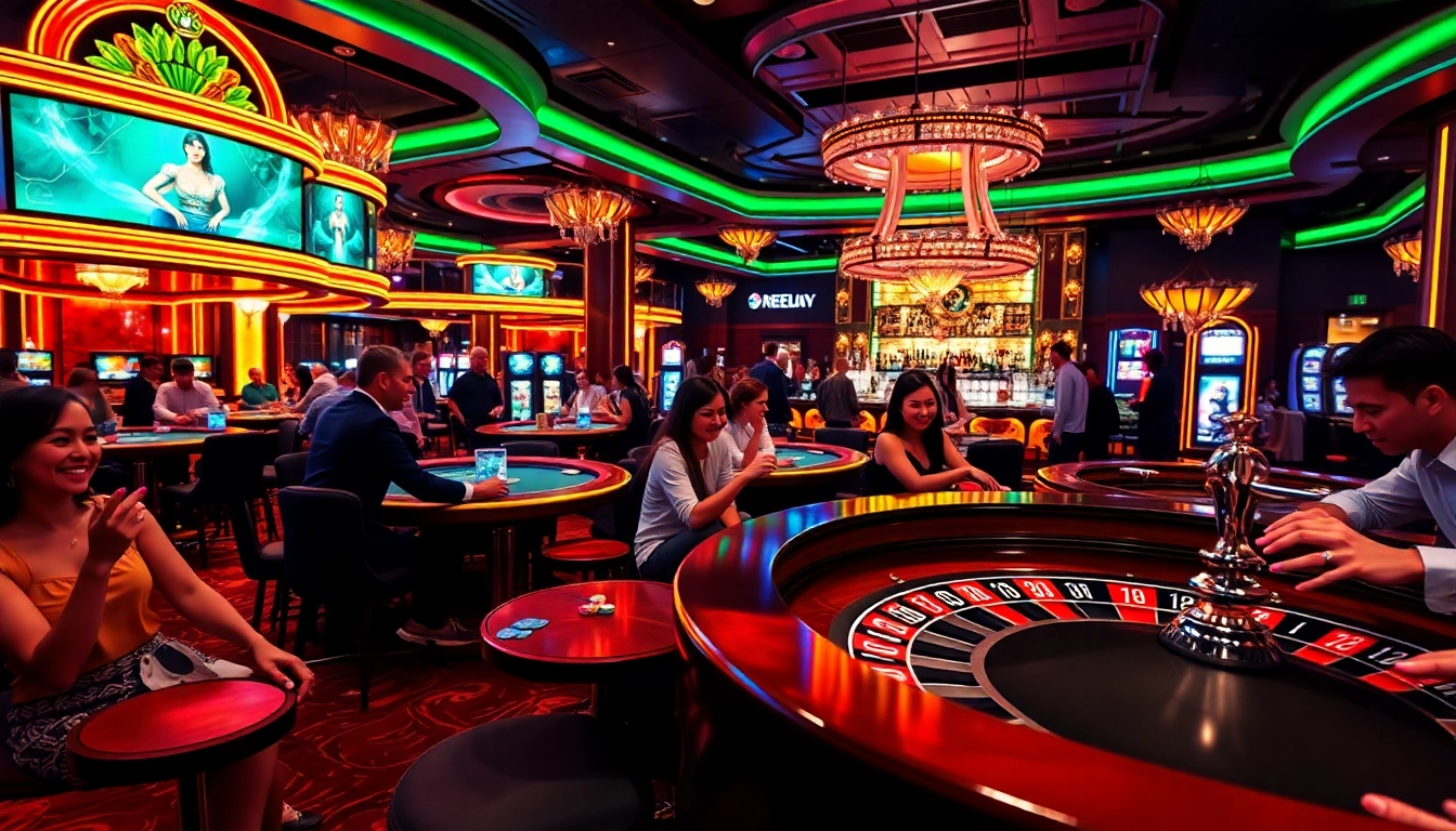 Joueurs heureux aux tables de casino en ligne, entourés de lumières vives et d'énergie.