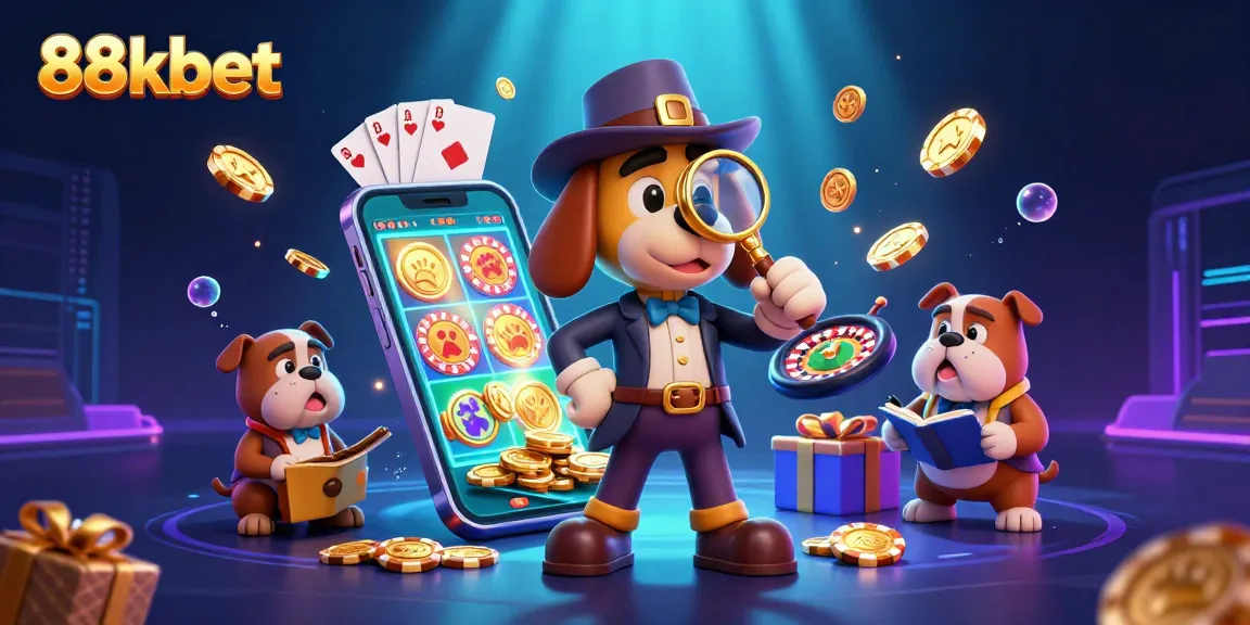 88kbet takes the spotlight as a detective bloodhound investigates poker clues amidst a vibrant casino scene.