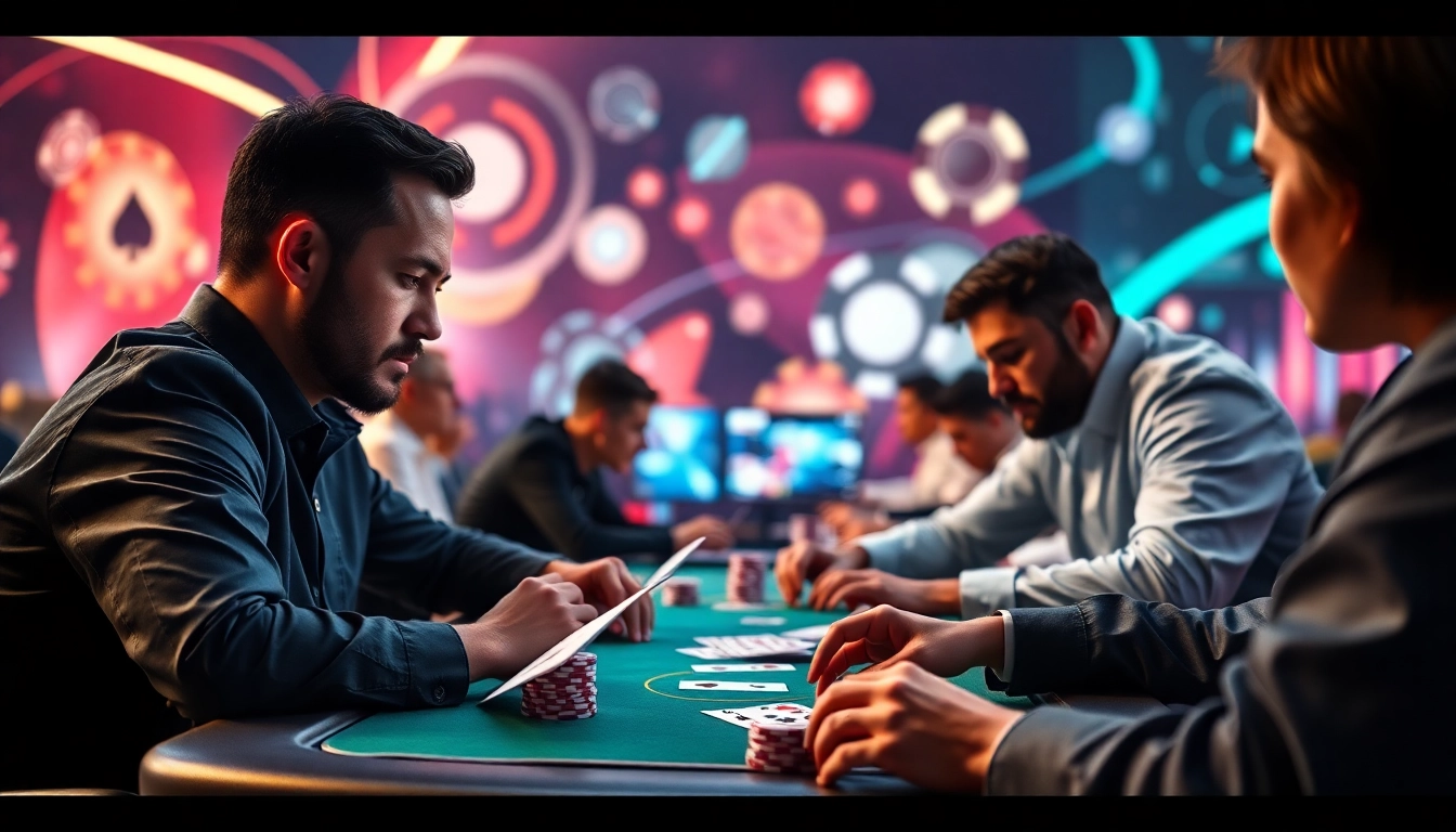 Jouer au poker en ligne sur une plateforme dynamique et engageante avec des joueurs concentrés.