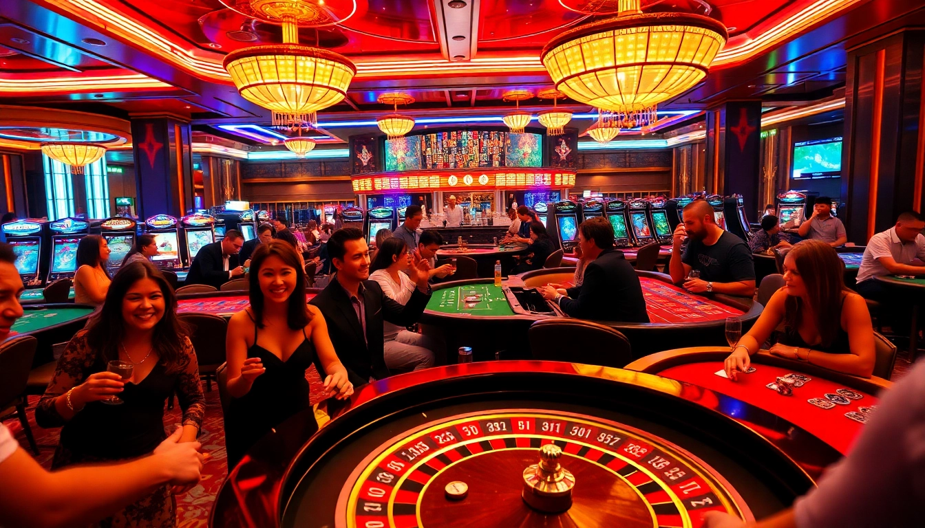 Joueurs heureux aux tables de casino en ligne, entourés de lumières vives et d'énergie. related image