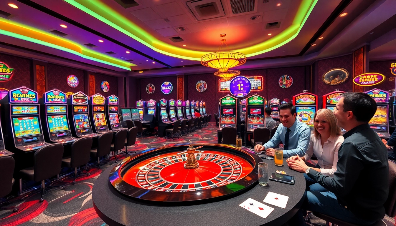 Jouer à des jeux excitants de casino en ligne avec des machines à sous et une ambiance festive.