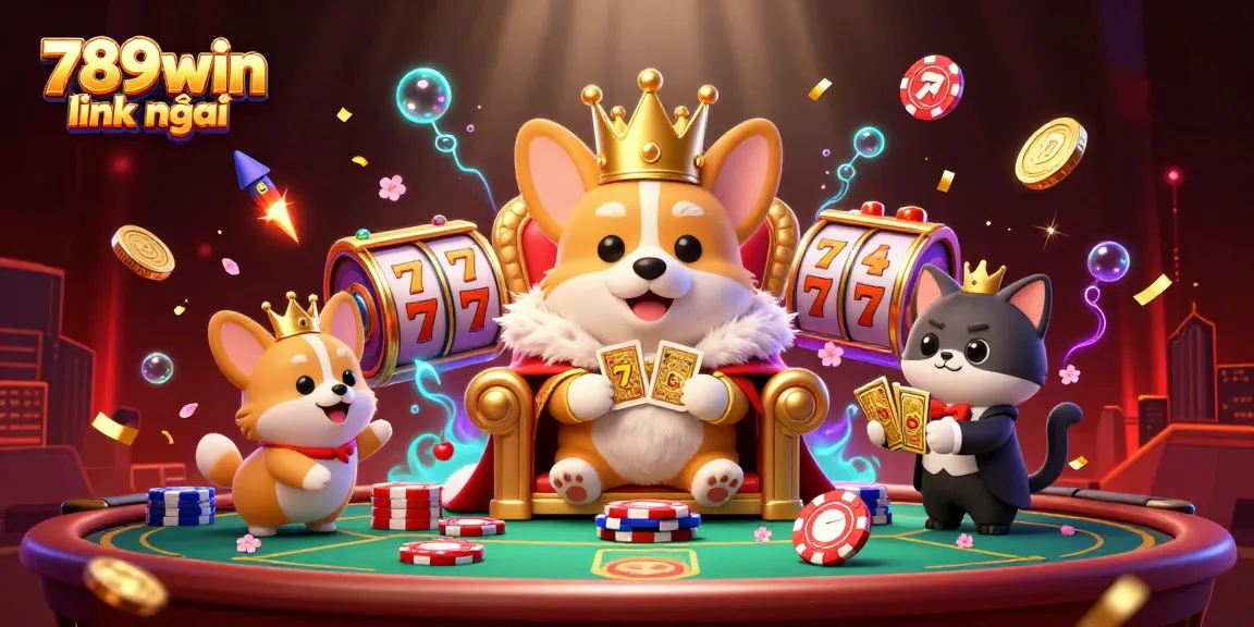 Experience a rich 3D illustration with 789win link mới showcasing vibrant slot reels and playful corgis.