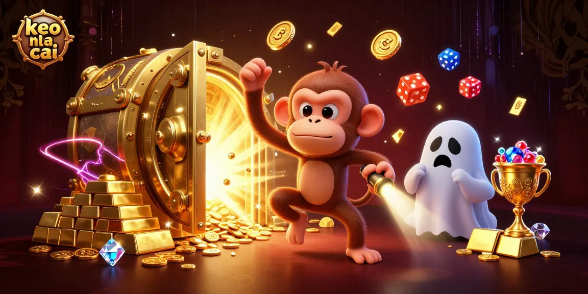 Engage with keo nha cai's casino adventure featuring a ghostly puppy and a juggling monkey amidst gold treasures.
