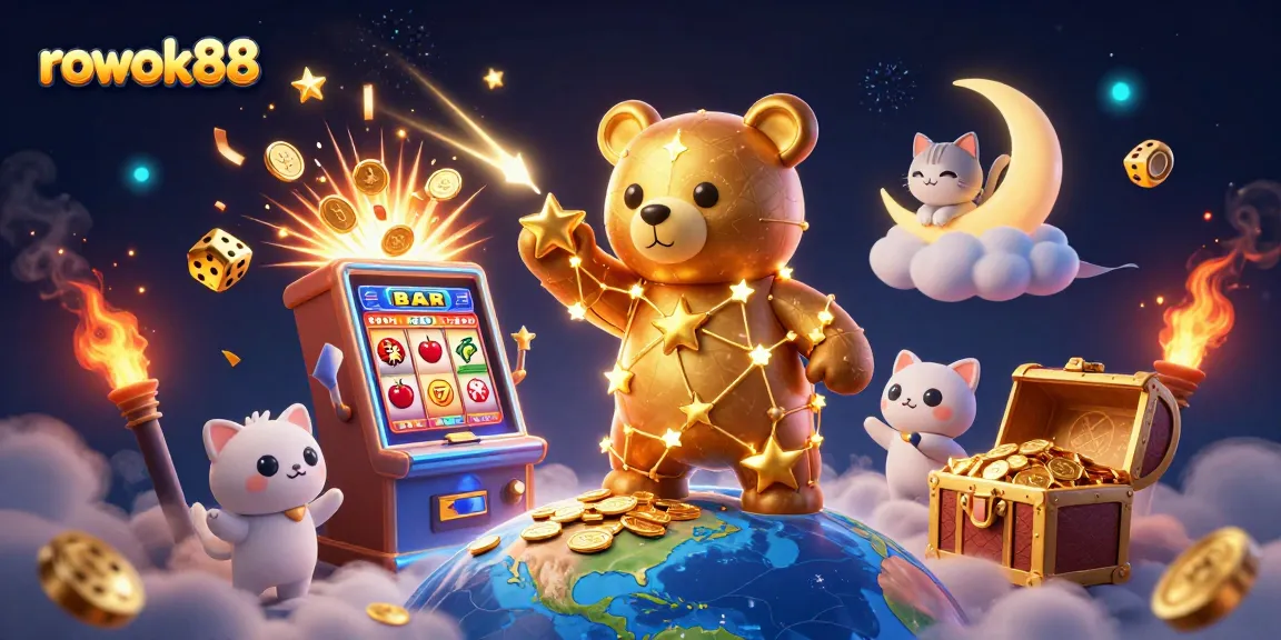 Experience winning moments with rokok88's dazzling casino scene featuring celebrating characters and vibrant slot machines.