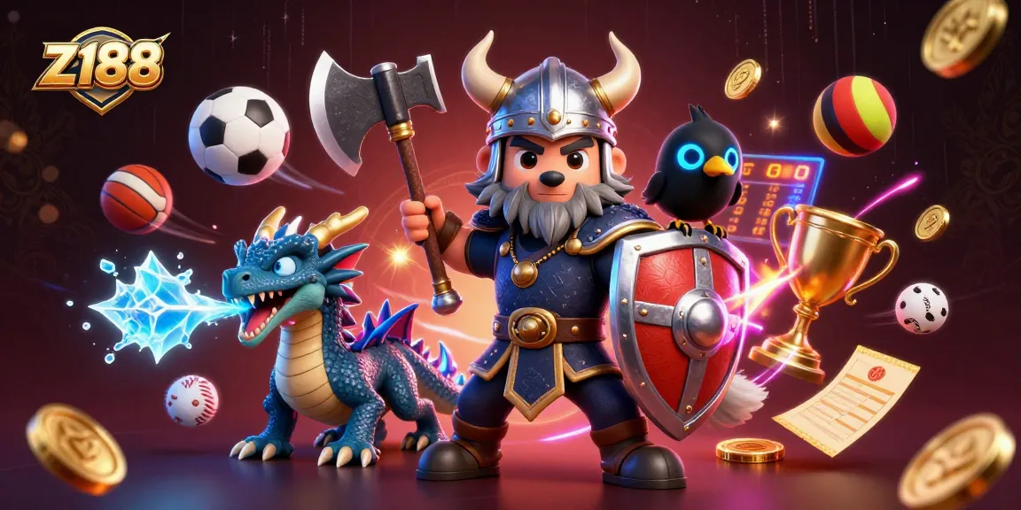 z188 offers a thrilling gaming experience with a heroic Viking wolf, fierce dragon, and vibrant casino elements.