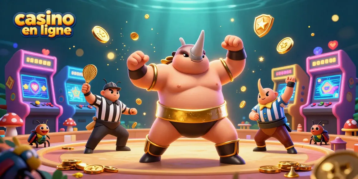 Casino en ligne avec un champion scarabée sumo entouré de jeux colorés et de pièces d'or volantes.