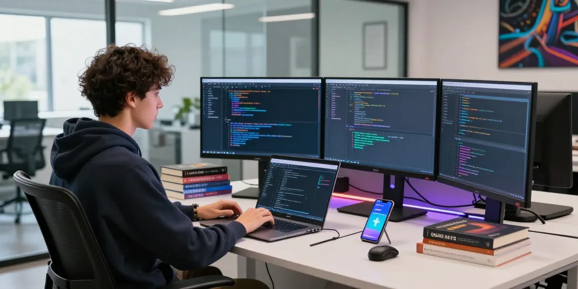 Développeur travaillant sur des applications espion avec plusieurs écrans et un bureau moderne.