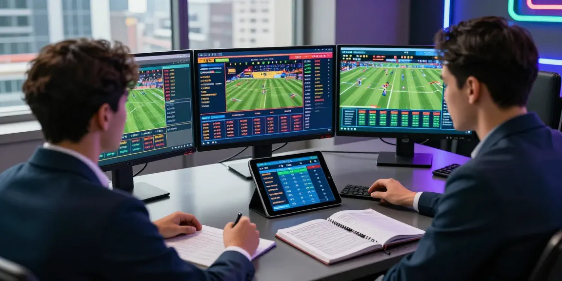 Scène de parieur professionnel utilisant un bookmaker sans limite de mise avec plusieurs écrans affichant des cotes sportives et des notes stratégiques.