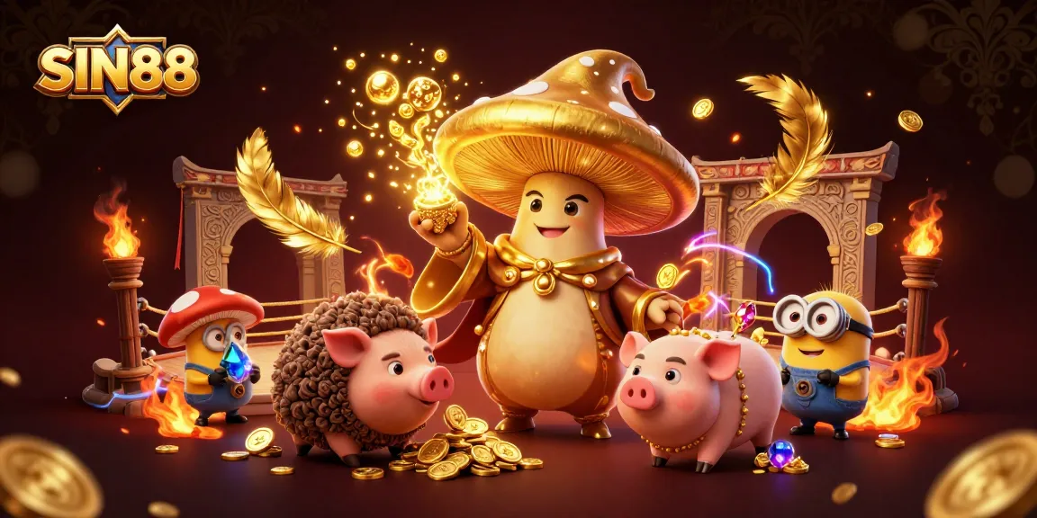 SIN88 combines gaming magic with a golden mushroom wizard, treasure, and festive elements in an enchanting casino scene.