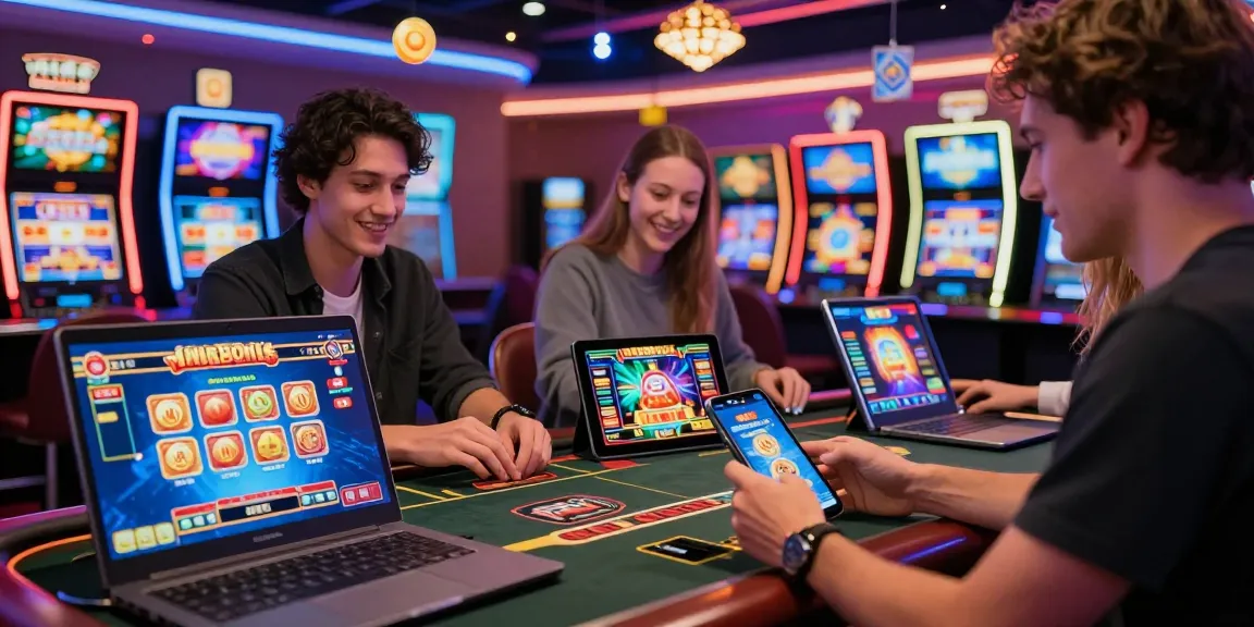 Expérience séduisante de casino en ligne légal en France avec des joueurs engagés sur divers appareils, illustrant la variété des jeux.