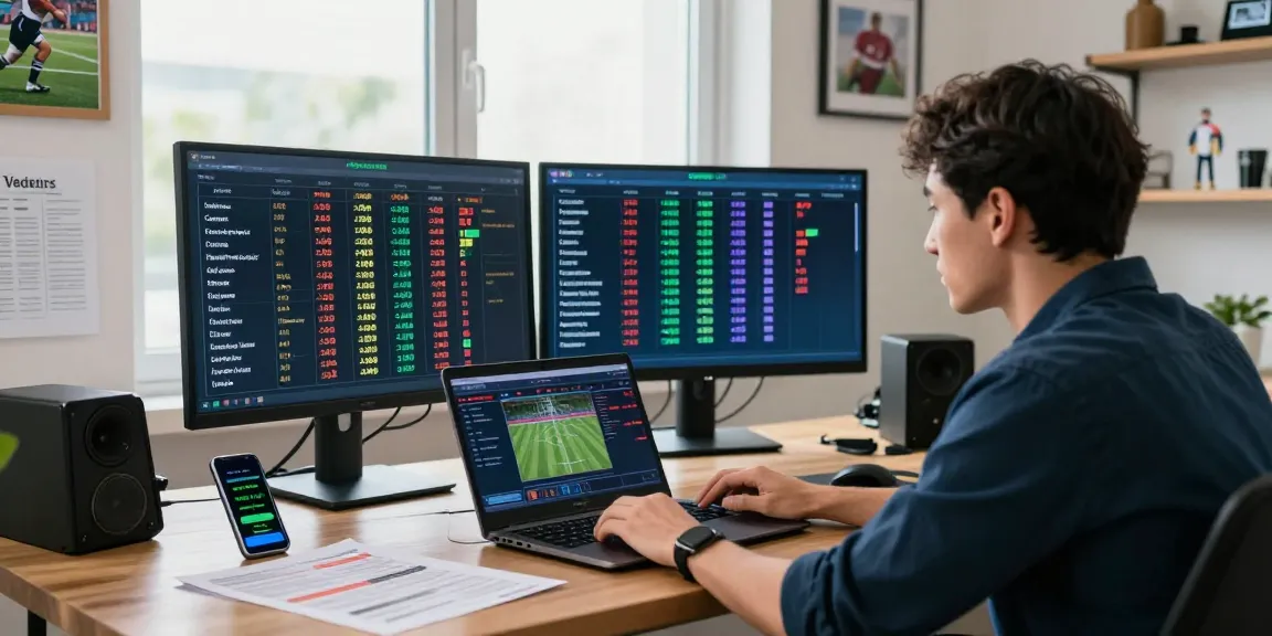 Scène de paris sportifs avec un bookmaker sans limite de mise, montrant un parieur professionnel analysant des cotes dans un bureau moderne, ambiance tendue et excitante.