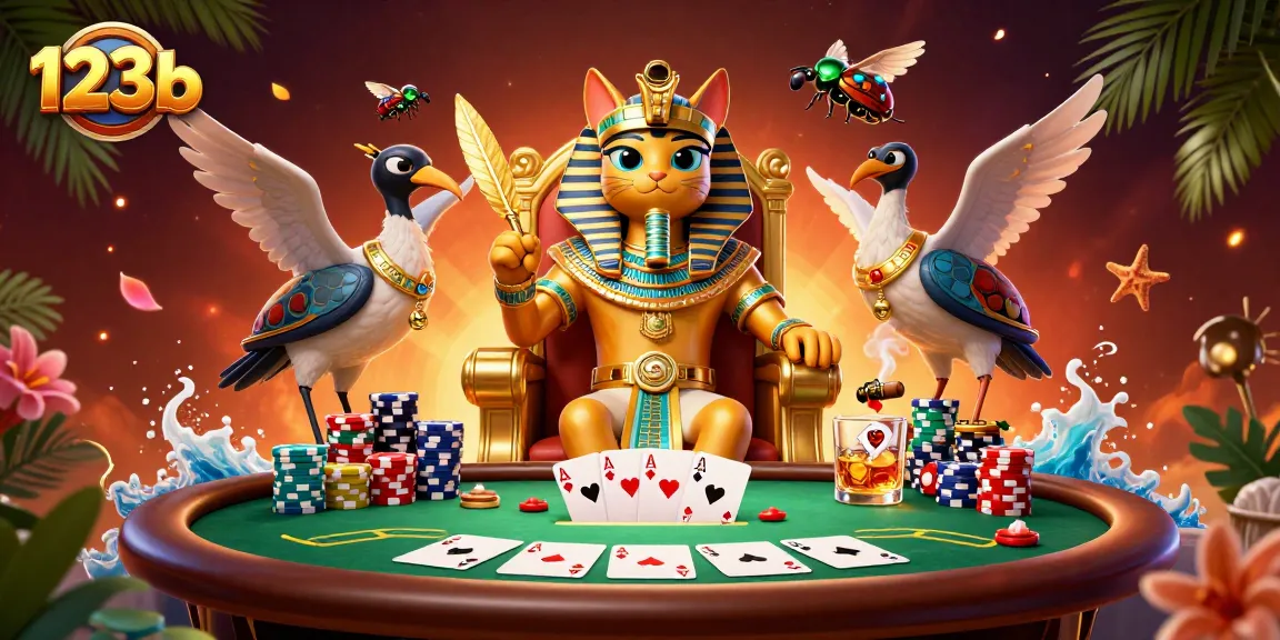 Experience thrilling poker action with 123b: an Egyptian cat pharaoh and vibrant game elements together.