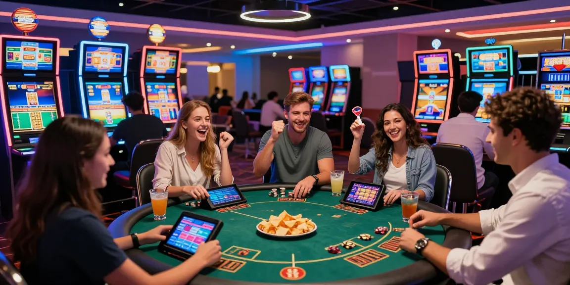 Les joueurs s'amusent dans un casino en ligne, jouant à des machines à sous et à des tables de poker, dans une atmosphère festive et moderne. casino en ligne