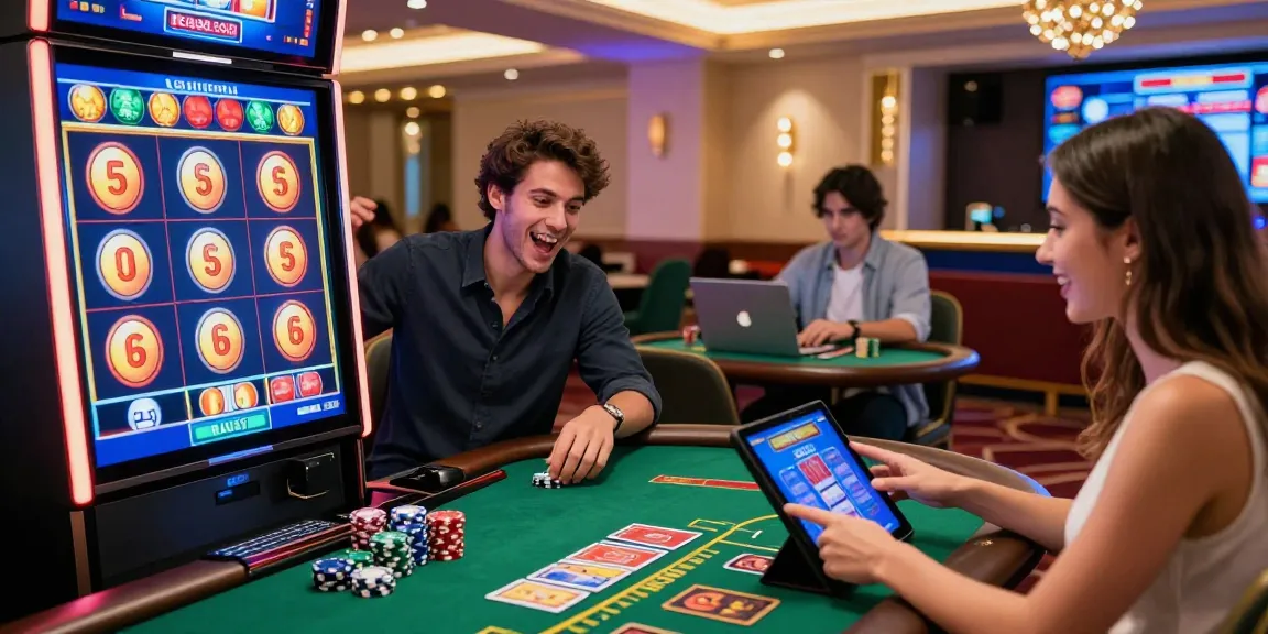 Joueurs engagés dans des jeux de casino en ligne, mettant en avant l'excitation des machines à sous et du blackjack.