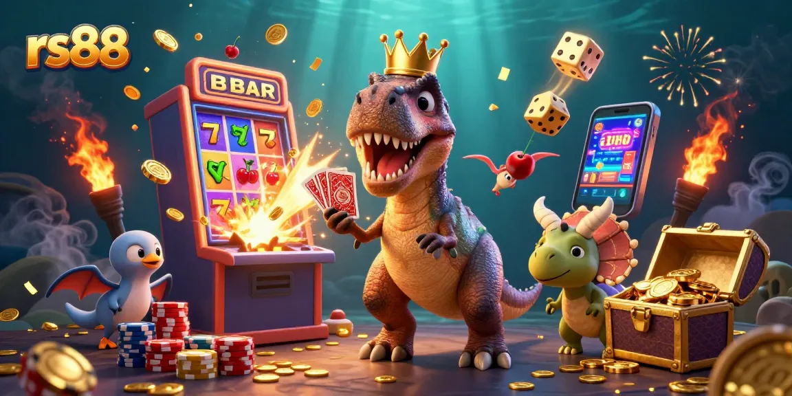 Join the fun at rs88, where a friendly T-Rex shuffles cards amidst a vibrant casino scene!