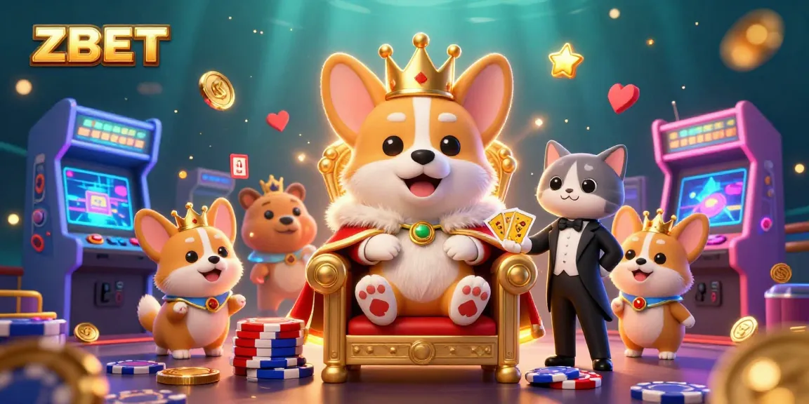 ZBET casino scene with a royal corgi on poker chip throne featuring colorful gaming elements and a sophisticated cat butler.