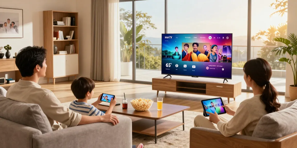 Family enjoying Iron TV streaming service in a cozy living room setting.