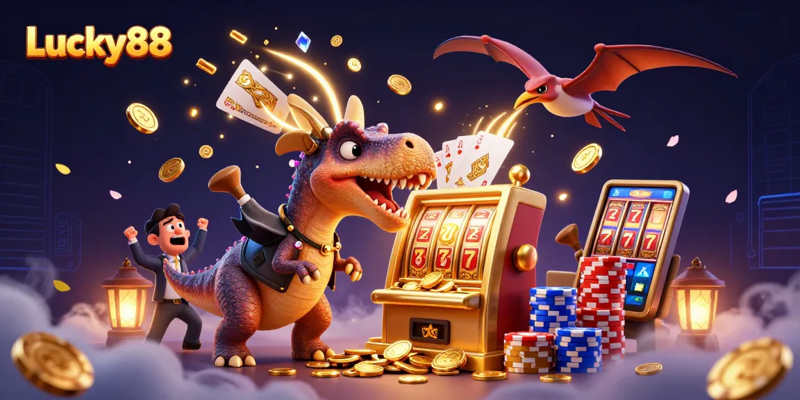Lucky88 slot machine showcase with a dinosaur theme, featuring vibrant coins and characters.